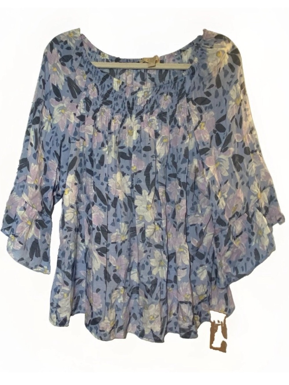 Hope & Harlow Women’s XL Floral Blouse Boho Peasant Top 3/4 Sleeve Blue Purple